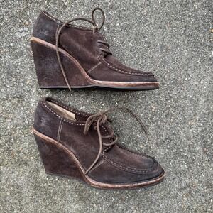 Frye Caroline Ankle Booties Womens 8.5 Brown Distressed Suede Wedge Lace Up Boot